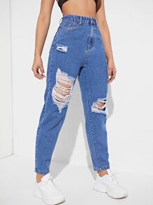 高腰破洞牛仔褲