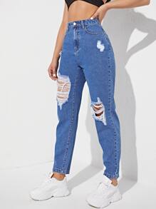 高腰破洞牛仔褲