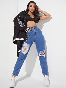 高腰破洞牛仔褲