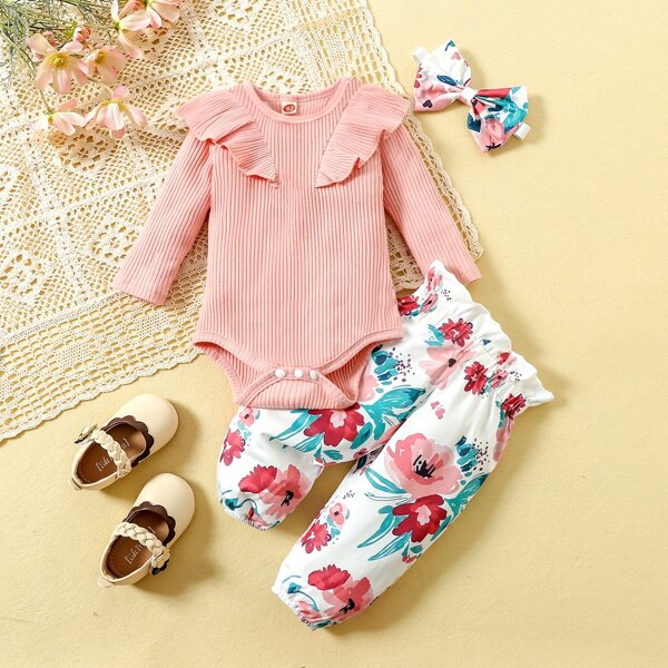 

Baby Ruffle Trim Bodysuit With Floral Paperbag Waist Pants With Headband, Multicolor