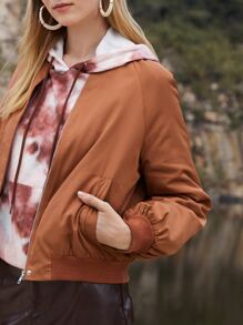 SHEIN Unity Áo khoác nữ Nút Dây kéo màu trơn Giải trí - Màu Cam cháy - Xem 4