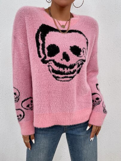 Skull Pattern Drop Shoulder Fluffy Knit Sweater
