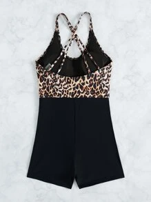 Contrast Leopard Print One Piece Swimsuit, For Summer Beach Vacation - Multicolor - View 3