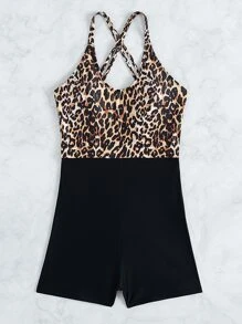 Contrast Leopard Print One Piece Swimsuit, For Summer Beach Vacation - Multicolor - View 6