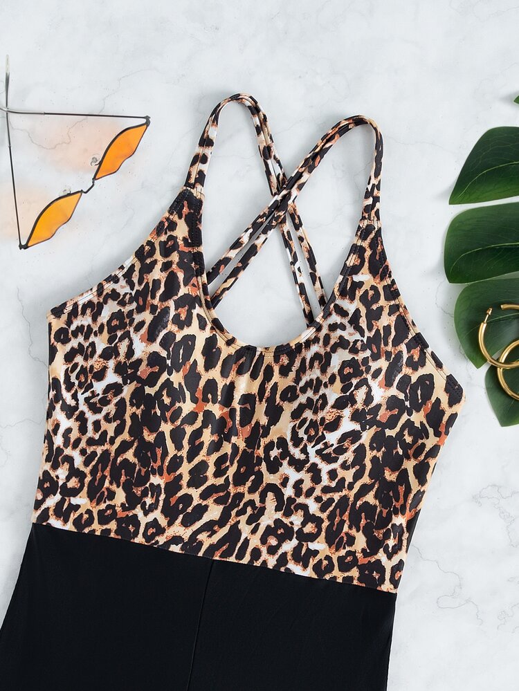Contrast Leopard Print One Piece Swimsuit, For Summer Beach Vacation - Multicolor - View 7
