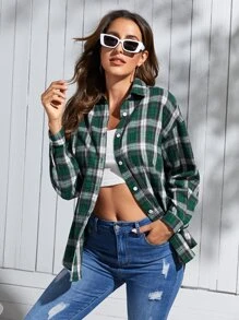 SHEIN Camisa con estampado de cuadros con botón - Multicolor - Ver 1