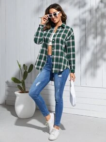 SHEIN Camisa con estampado de cuadros con botón - Multicolor - Ver 3