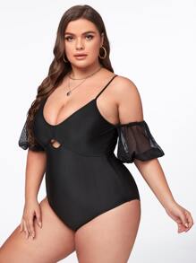 Plus Mesh Sleeves One Piece Swimsuit - Black - View 1