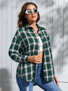 SHEIN Camisa con estampado de cuadros con botón - Multicolor - Ver 5