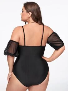 Plus Mesh Sleeves One Piece Swimsuit - Black - View 2