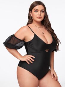 Plus Mesh Sleeves One Piece Swimsuit - Black - View 3