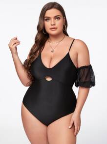 Plus Mesh Sleeves One Piece Swimsuit - Black - View 4