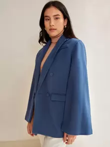 SHEIN Privé Double Breasted Cloak Sleeve Overcoat - Blue - View 3