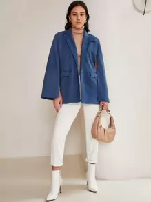 SHEIN Privé Double Breasted Cloak Sleeve Overcoat - Blue - View 5