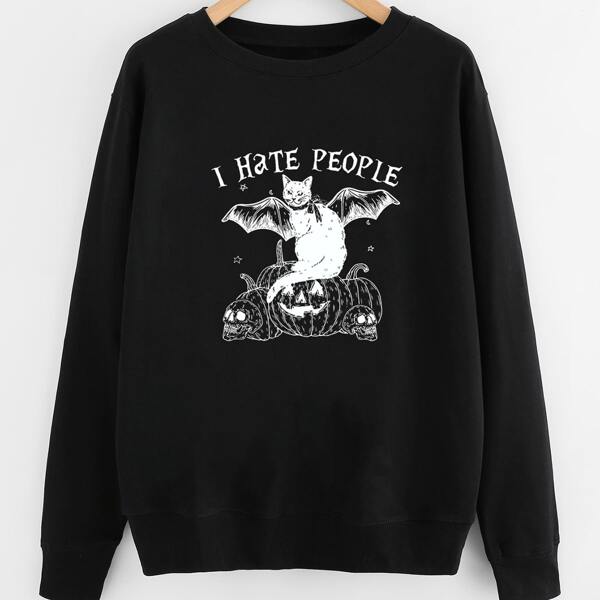 

Plus Halloween And Slogan Graphic Sweatshirt, Black
