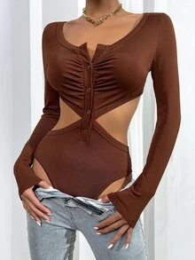 Body fruncido con abertura con botón - Café integral - Ver 3