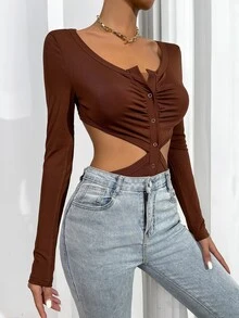 Body fruncido con abertura con botón - Café integral - Ver 4