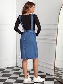 Vestido overol mezclilla con bolsillo delantero sin camiseta - Azul lavado medio - Ver 2