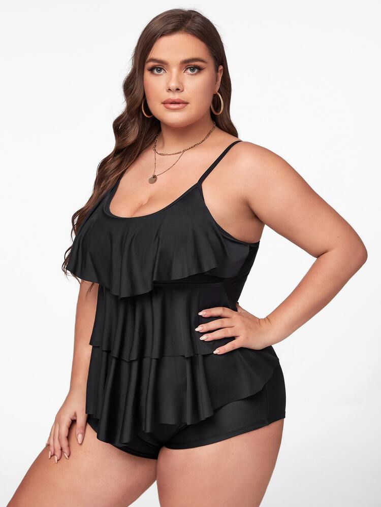 Plus Size Solid Tiered Layer Tankini Summer Beach - Black - View 4