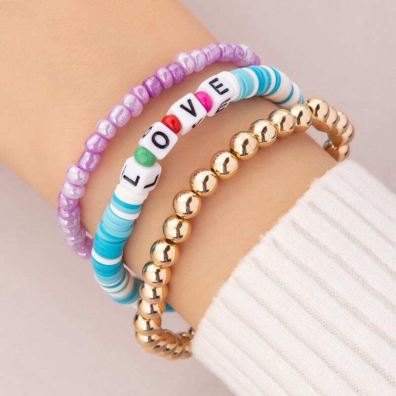 

3pcs Letter Graphic Beaded Bracelet, Multicolor