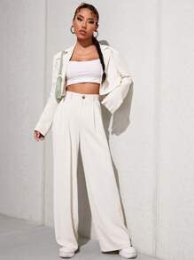 SHEIN EZwear 西裝領單釦短版西裝和長褲 - 白色 - 查看 3