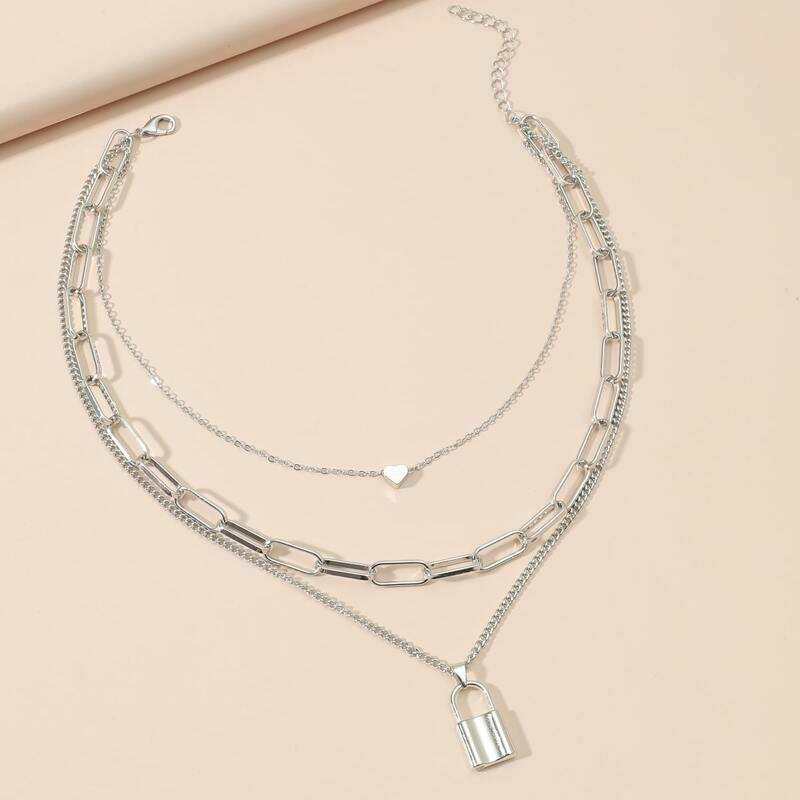 

Lock Pendant Layered Chain Necklace, Silver