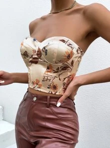 SHEIN Privé 印花緊身上衣緞面抹胸上衣 - 香檳色 - 查看 1