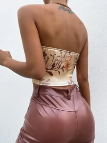 SHEIN Privé 印花緊身上衣緞面抹胸上衣 - 香檳色 - 查看 2