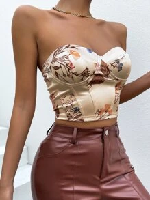 SHEIN Privé 印花緊身上衣緞面抹胸上衣 - 香檳色 - 查看 3