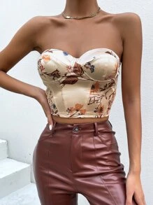 SHEIN Privé 印花緊身上衣緞面抹胸上衣 - 香檳色 - 查看 4