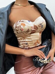 SHEIN Privé 印花緊身上衣緞面抹胸上衣 - 香檳色 - 查看 5