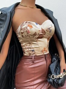 SHEIN Privé 印花緊身上衣緞面抹胸上衣 - 香檳色 - 查看 6