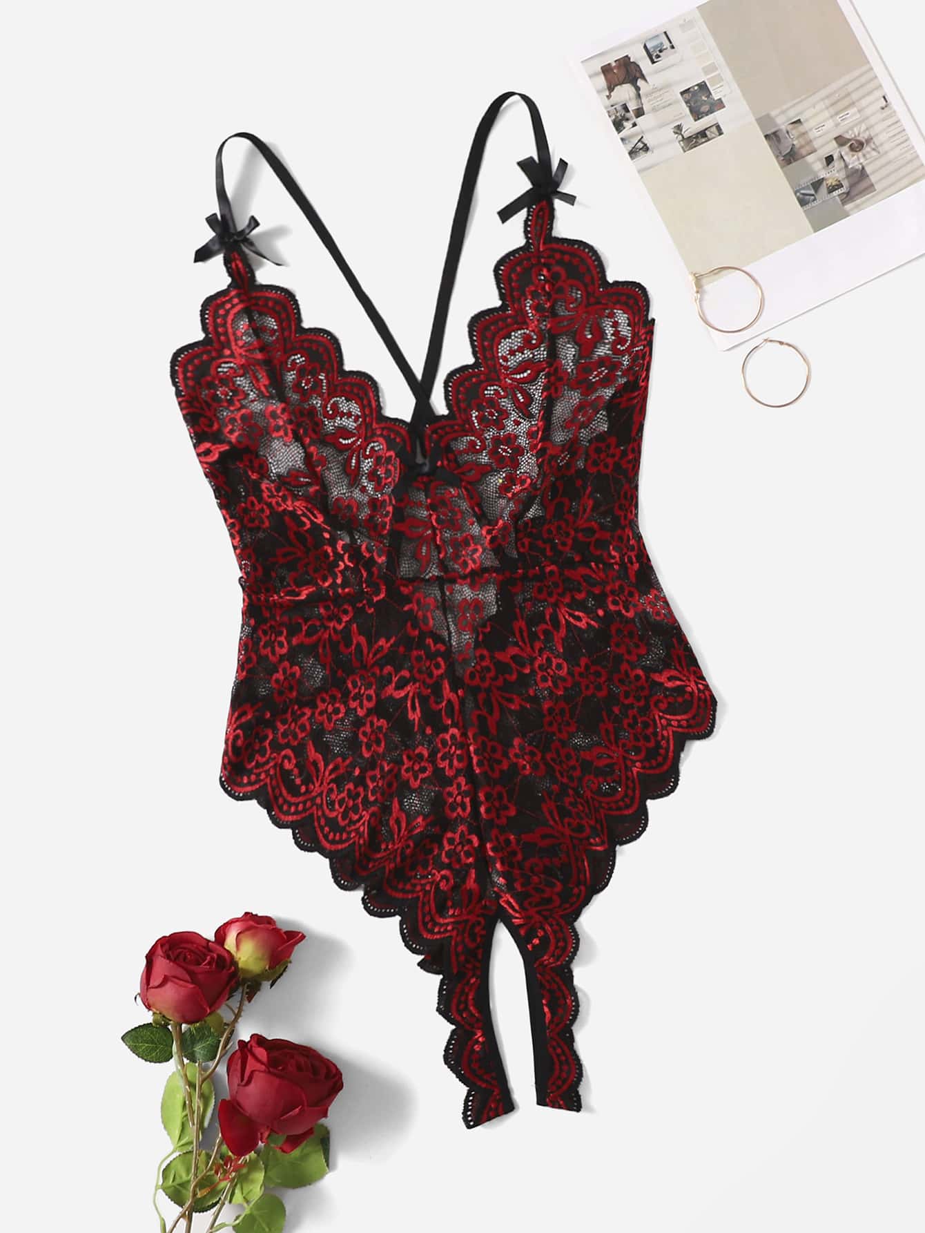 Plus Floral Lace Scallop Trim Crotchless Teddy Bodysuit