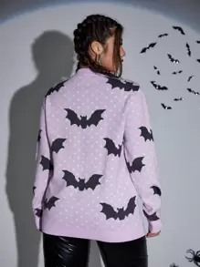 SHEIN Unity Plus Polka Dot & Halloween Bat Pattern Jumper - Lilac Purple - View 2