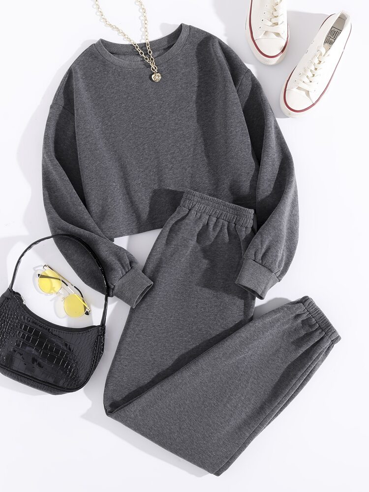 Thermal Lined Solid Sweatshirt With Sweatpants Fall Cloth For Women