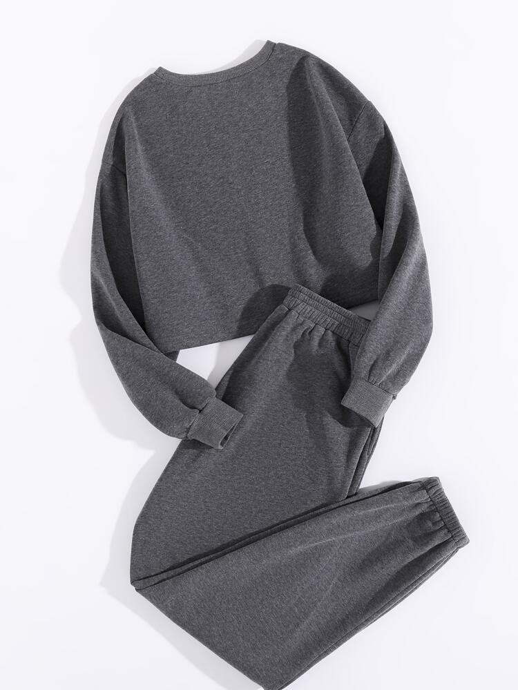 Thermal Lined Solid Sweatshirt With Sweatpants Fall Cloth For Women