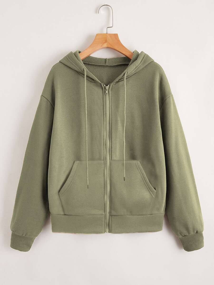 SHEIN Unity Capucha con cremallera de hombros caídos con cordón - Verde Oliva - Ver 1