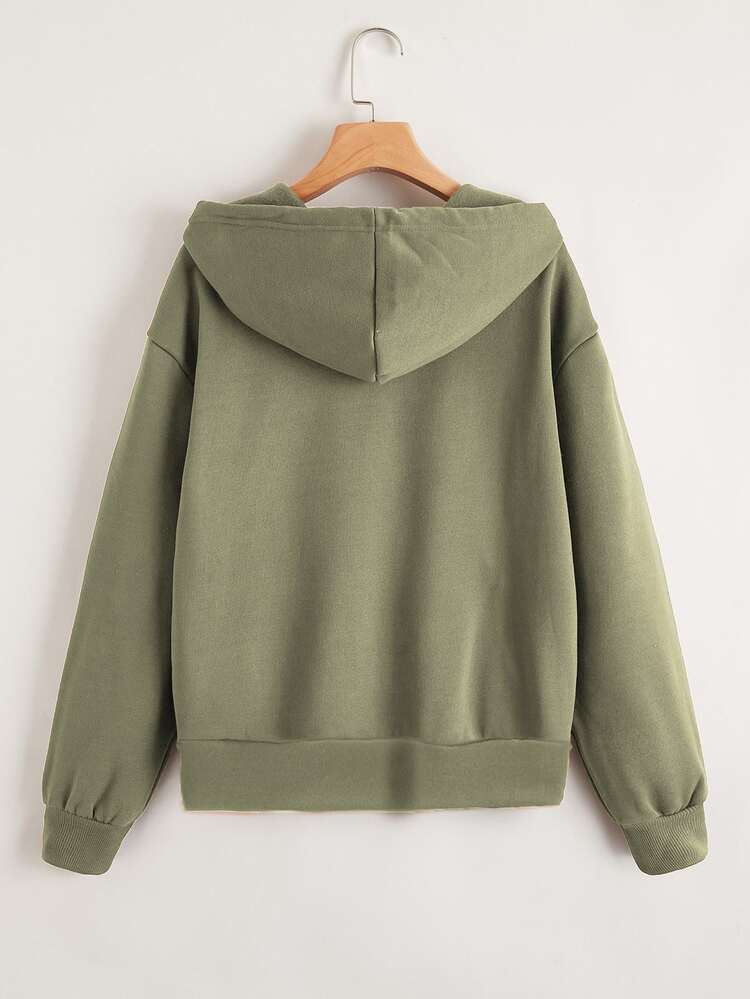 SHEIN Unity Zip Up Drop Shoulder Drawstring Hoodie - Olive Green - View 2
