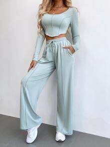 Chiquease Contrast Stitch Asymmetrical Hem Tee & Drawstring Waist Trousers - Baby Blue - View 1