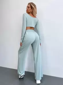 Chiquease Contrast Stitch Asymmetrical Hem Tee & Drawstring Waist Trousers - Baby Blue - View 2