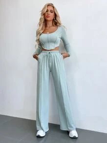 Chiquease Contrast Stitch Asymmetrical Hem Tee & Drawstring Waist Trousers - Baby Blue - View 4