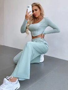 Chiquease Contrast Stitch Asymmetrical Hem Tee & Drawstring Waist Trousers - Baby Blue - View 5