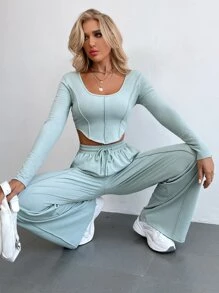 Chiquease Contrast Stitch Asymmetrical Hem Tee & Drawstring Waist Trousers - Baby Blue - View 6