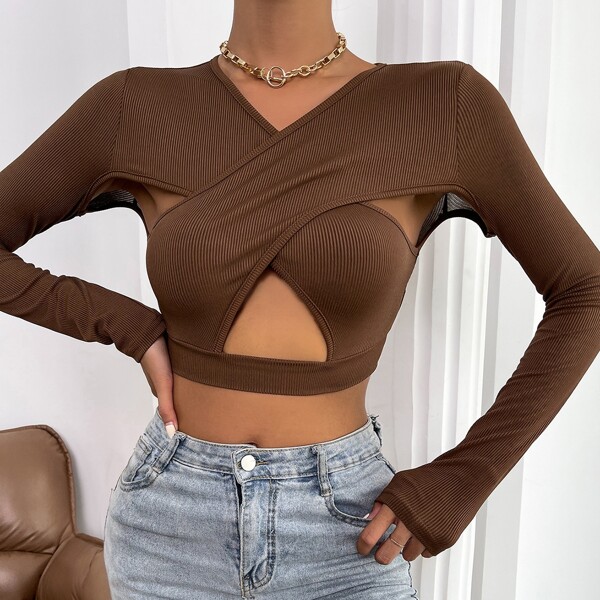 

Wrap Cross Cut-out Rib-knit Crop Tee, Coffee brown