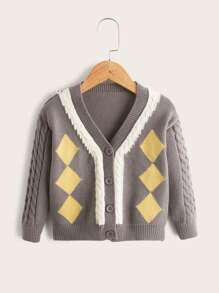 Toddler Boys Argyle Pattern Contrast Trim Cardigan - Grey - View 1