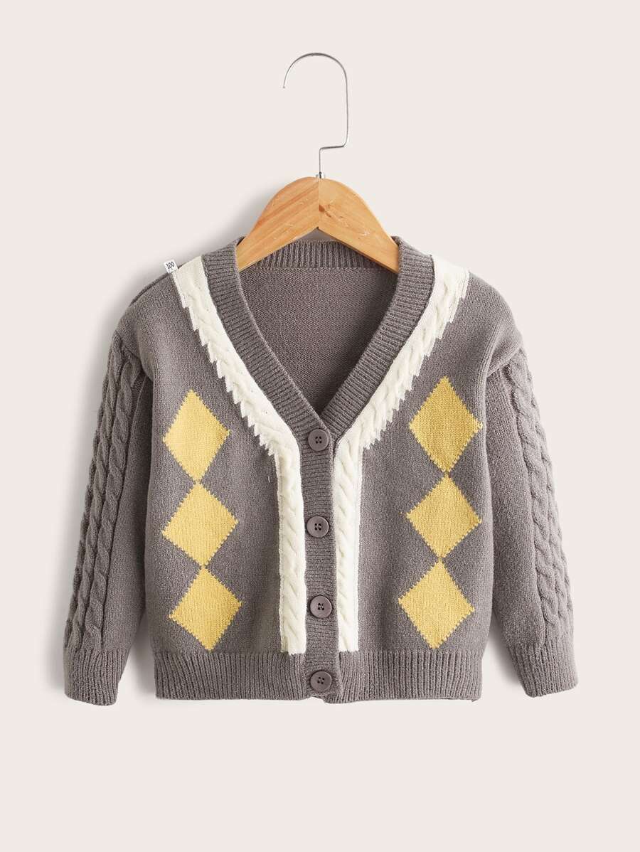 Toddler Boys Argyle Pattern Contrast Trim Cardigan - Grey - View 1