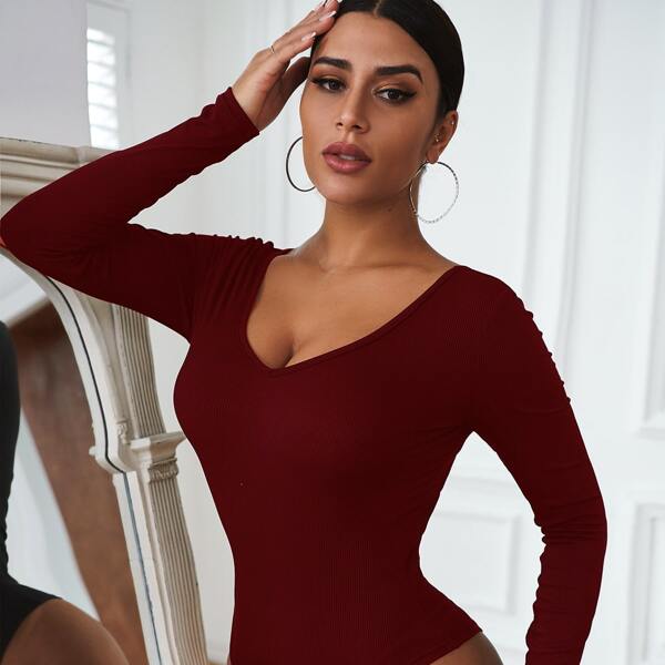 

Solid Ribbed Knit Bodysuit, Burgundy