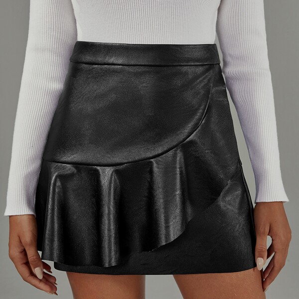 

High Waist Ruffle Trim PU Leather Skirt, Black