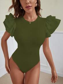 SHEIN Privé Layered Sleeve Ribbed Solid Bodysuit - Army Green - View 1