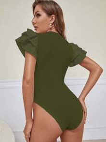 SHEIN Privé Layered Sleeve Ribbed Solid Bodysuit - Army Green - View 2